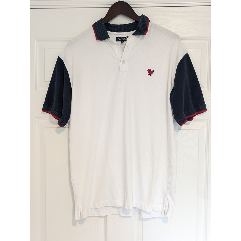 Bad Birdie Mens Golf Polo Shirt White Navy Red Colorblock Bird Logo Size Medium